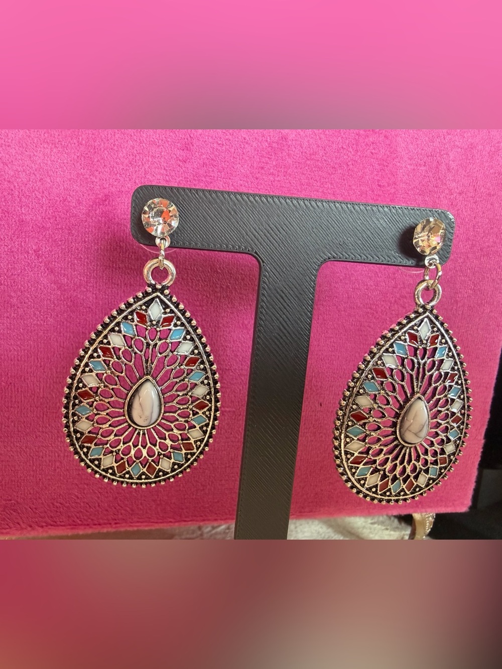 Boho Teardrop Filigree Statement Earrings in Red, Turquoise and White